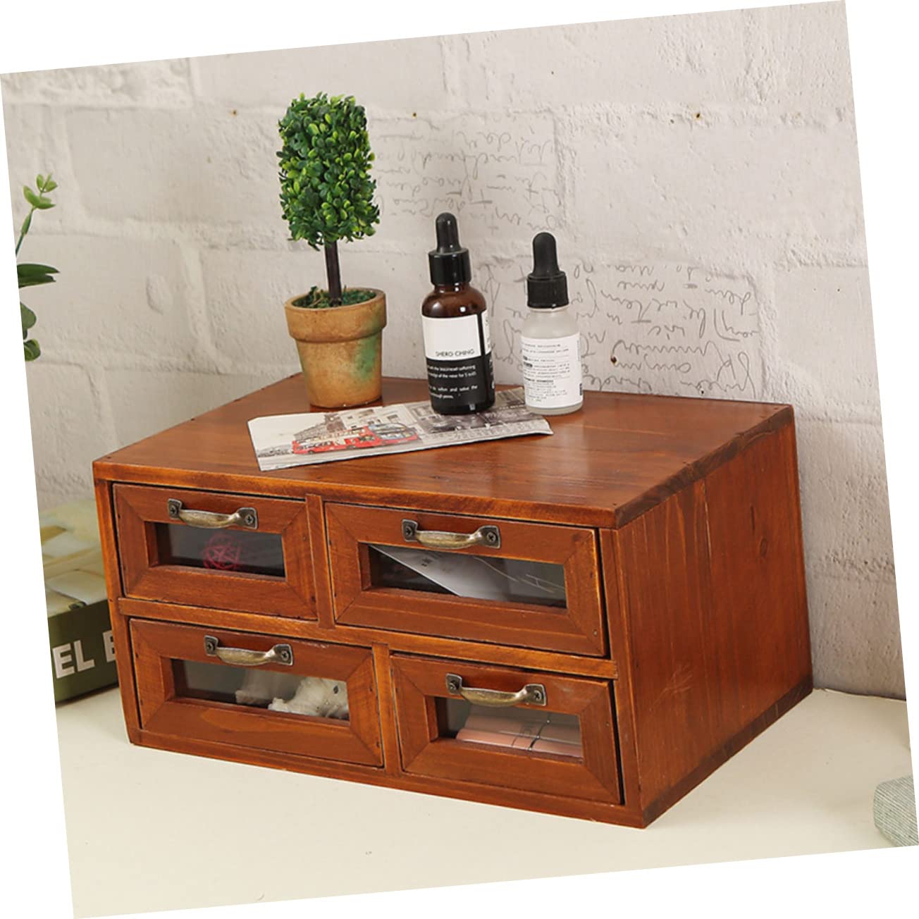 NUOBESTY Organizador de Madera con Cajones Dobles y 4 Compartimentos, Caja de Almacenamiento Versátil para Oficina y Escritorio, Diseño Cerrado Fácil de Usar