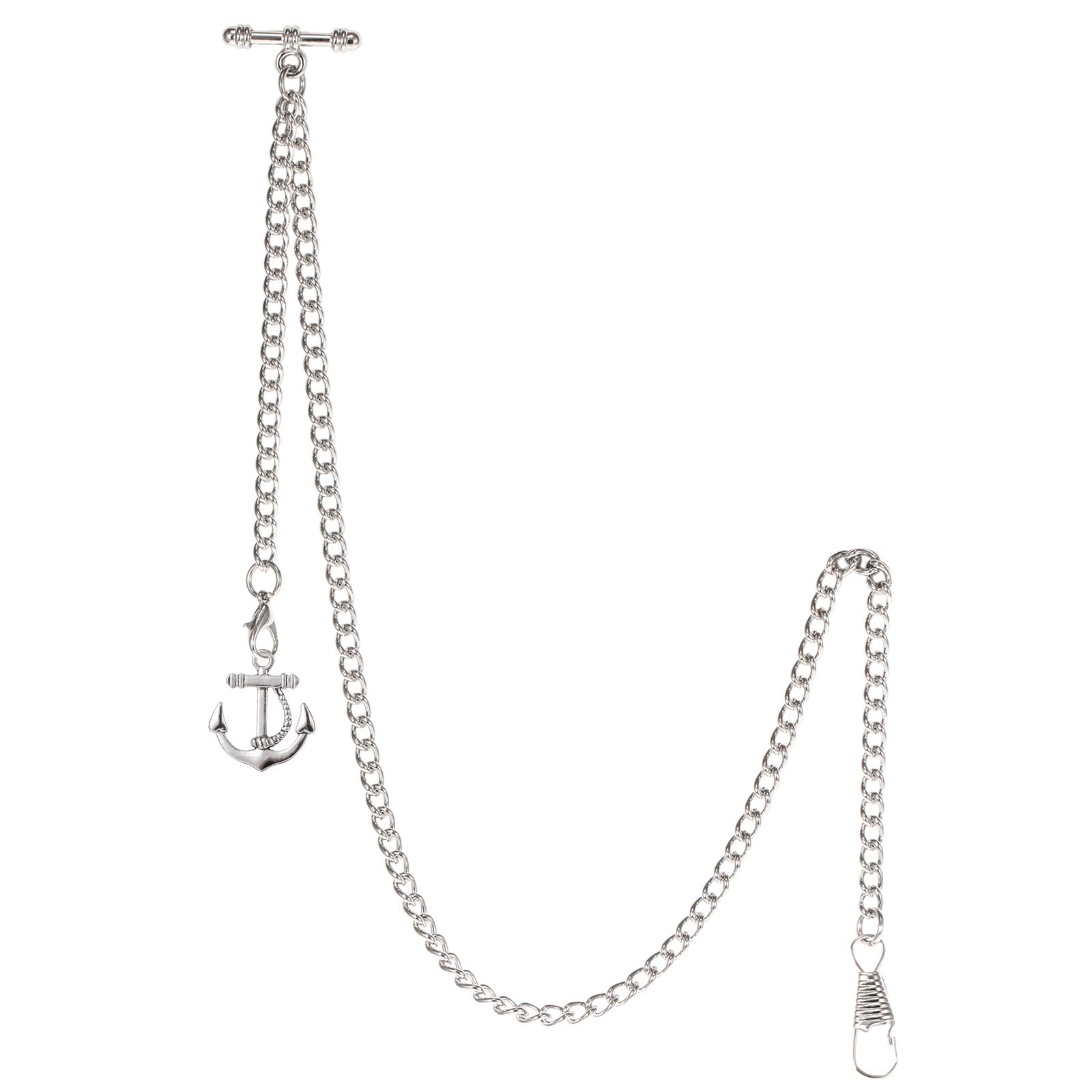 TREEWETOTREEWETO Men's Albert Chain Pocket Watch Curb Link Key Chain 2 Hooks with Antique Anchor Pendant Design Charm Fob T Bar