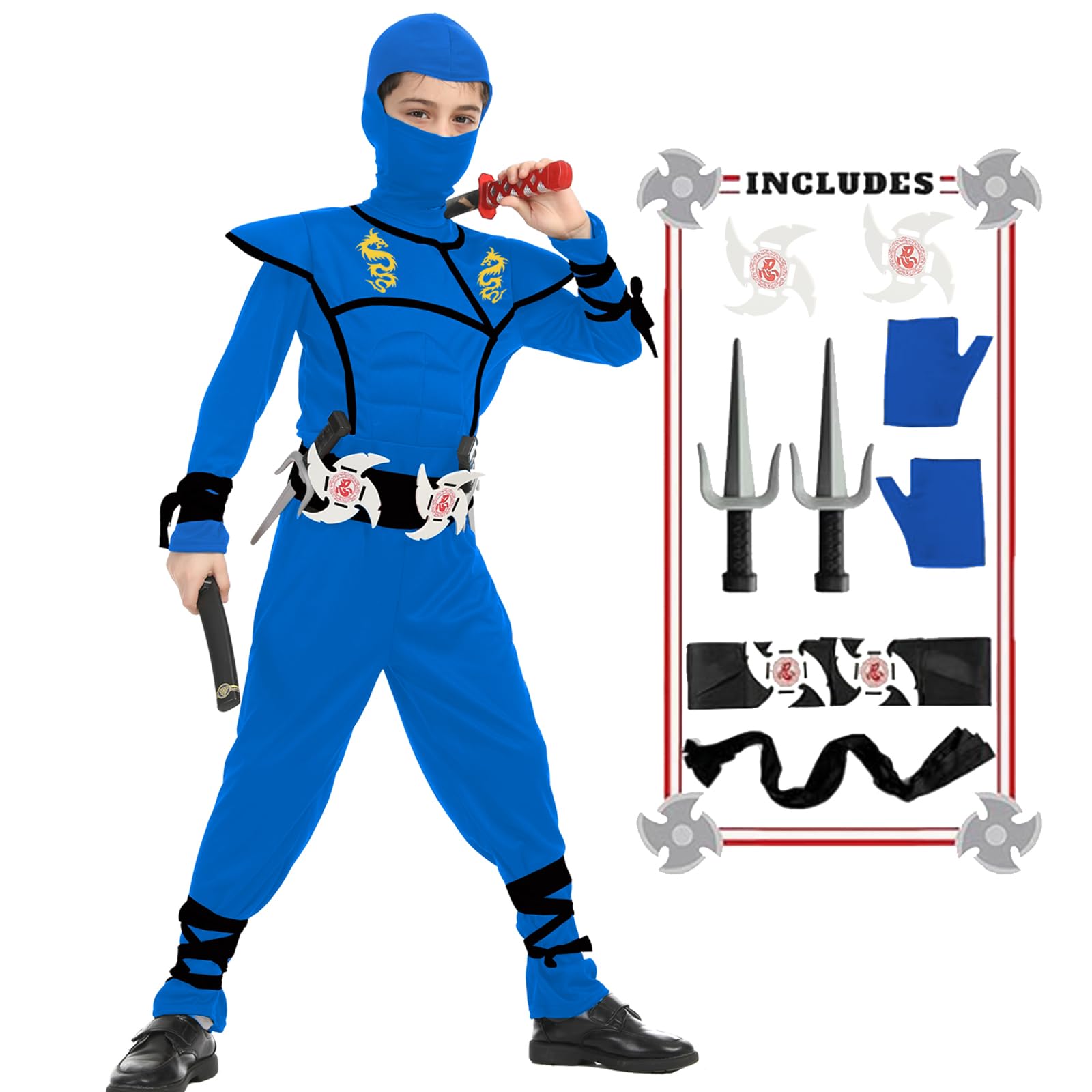 SATKULL Kids Ninja Costumes Set Halloween Ninja Costume Boys Ninjas Cosplay Suit with Accessories Toys for Kids (Kids-M-6/7T Blue)