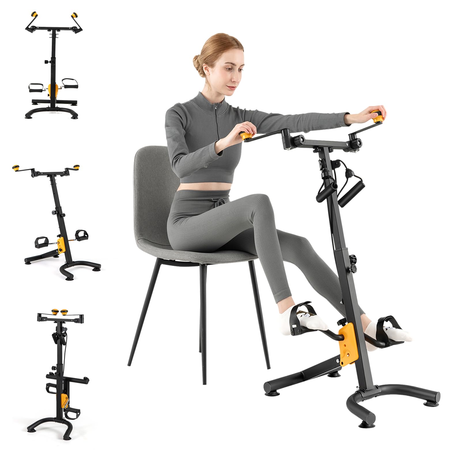 GYMAX 2 en 1 Pedales Estaticos Plegable, Pedales Estaticos Personas Mayores de Brazos y Piernas con Correas para Pedales y Tapete Antideslizante, Resistencia y Altura Ajustable, Todas las Edades