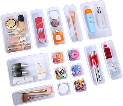 Miniatura 7 de Juego de 25 organizadores de cajones blancos, 4 tamaños entrelazados de plástico para suministros de oficina, tocador de maquillaje de joyas, baño,