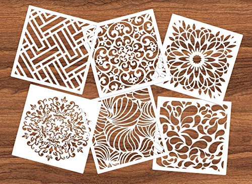 Reusable Mandala Floor Stencil Set of 6 (6 x 6 inch) Painting Stencil, Laser Cut Painting Template Floor Wall Tile Fabric Wood Stencils DIY Decor (White-BB(6 Pack))