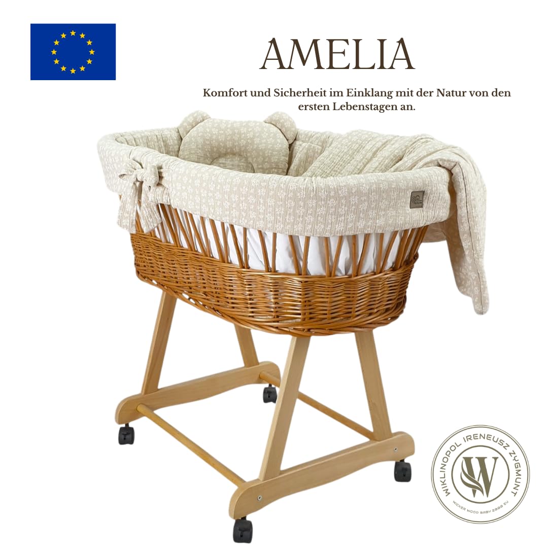 Wózek wiklinowy AMELIA, brązowy ze stelażem, materacem i pościelą, ciche koła, przenośne łóżko dla niemowląt/noworodków (beżowe gałązki)