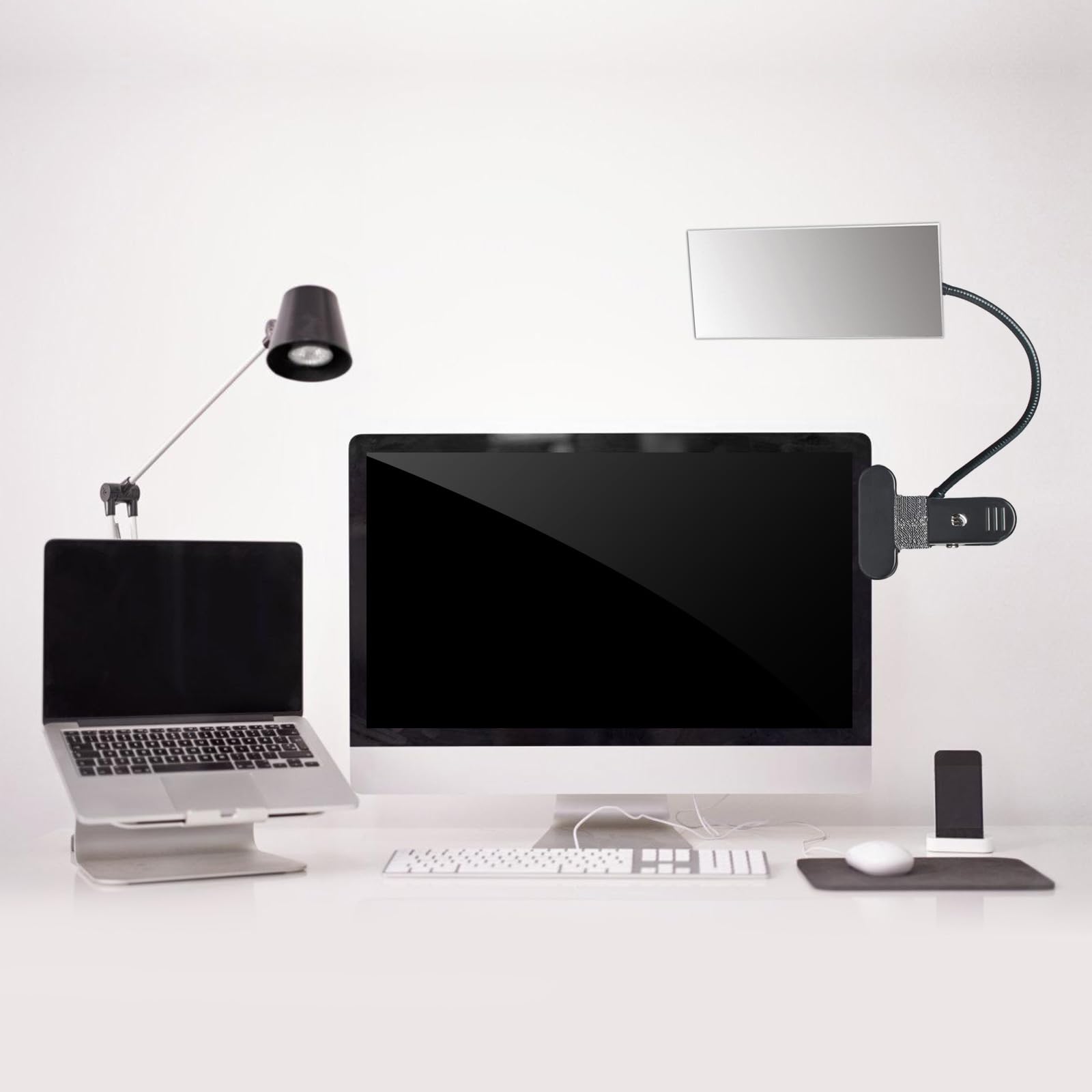 Diseño rectangular y redondo de seguridad ajustable con clip flexible para escritorio o cubículos. Vista trasera