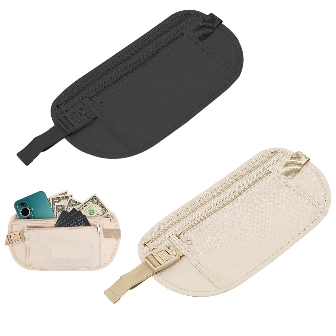 Cintura Portasoldi Nascosta 2 Pezzi - Marsupio Antifurto Per Viaggi, Sport, Impermeabile Nero