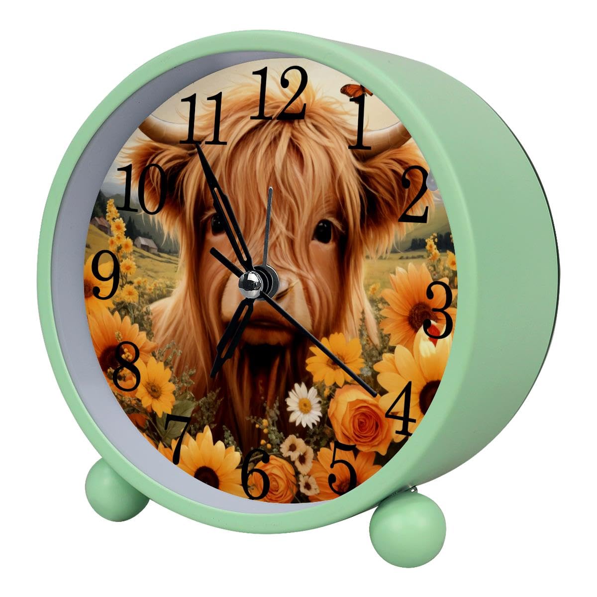 Alarm Clock Highland Cow Sunflower, Silent Non-Ticking with Night Light