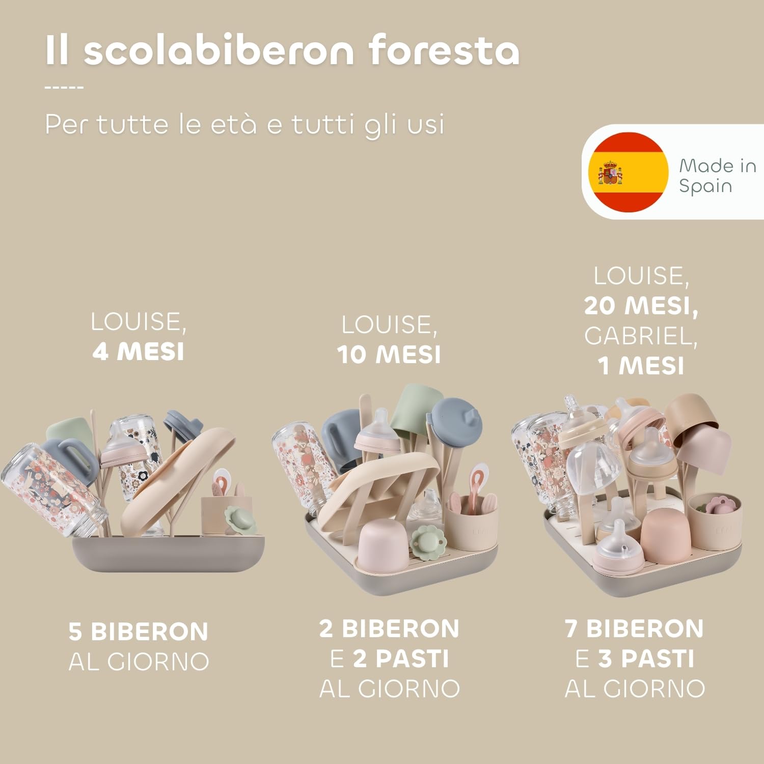 BÉABA Scolabiberon e Asciugabiberon – Grande Capacità, Modulabile, Fino a 6 Biberon e Piatti Bambino, Contenitore Accessori, Drenaggio Ottimizzato, Facile da Riporre, Compatto e Pratico – Argilla