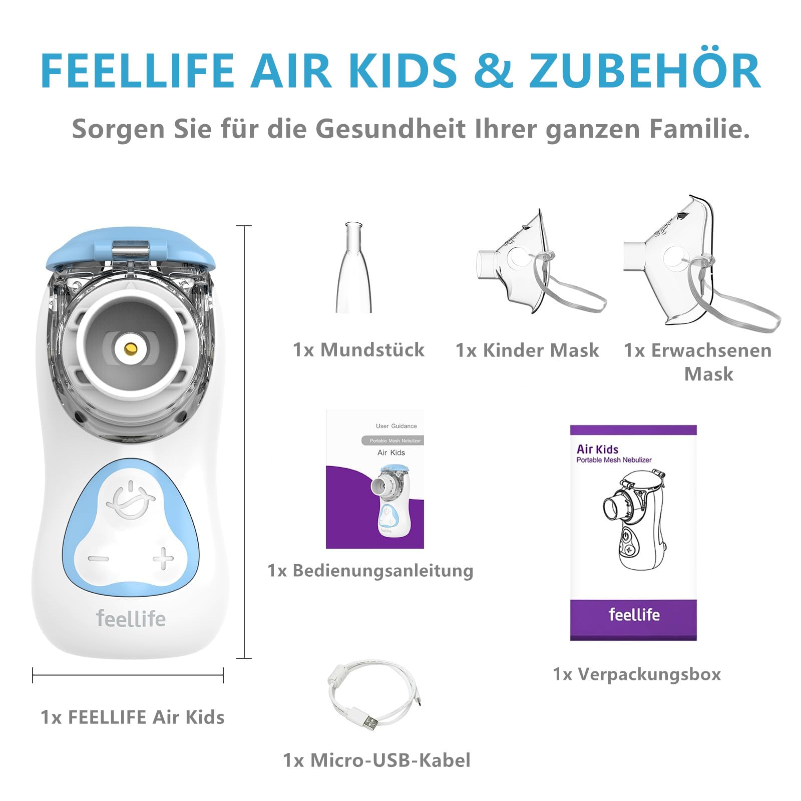 FEELLIFE Inhaliergeräte für Erwachsene, Inhalationsgerät Kinder, Inhalationsgerät Inhalator Vernebler Inhaliergerät, Nebulizer Baby Air Kids Mini Aerosol Inhalator Leiser Inhaliergerät