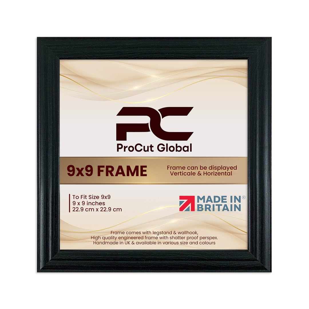 Procut Global 9X9 Black Picture Frames - Classic Wooden Photo Frame with Shatterproof Perspex for Wall or Tabletop - Perfect for Posters, Certificates & Prints - Sizes & Colors Available