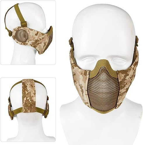 Miniatura 8 de Máscara Airsoft con gafas, máscara plegable de malla Airsoft de media cara con protección de oídos para paintball, tiro, cosplay, juego CS