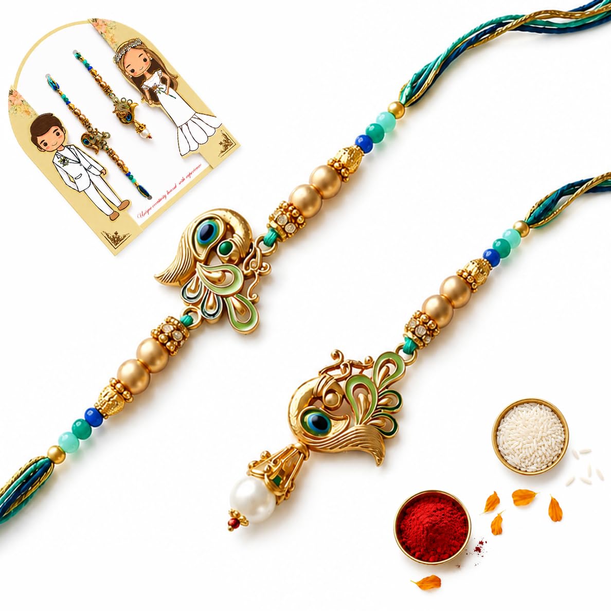 Bhaiya Bhabhi Rakhi Set | Handcrafted Peacock and Jhumka Lumba Rakhis with Roli, Chawal, Chandan, Mishri and Greeting Card | Traditional Raksha Bandhan Gift for Couple (Set of 2)-image-41