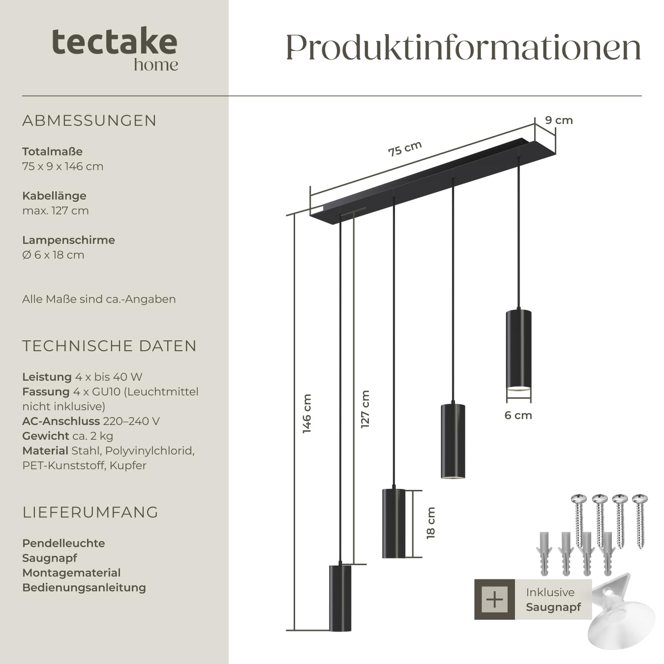 tectake® moderne Pendelleuchte, Deckenlampe schwarz, Deckenleuchte 4-flammig, höhenverstellbare Pendel Hängelampe für Esstisch, Küche, Wohnzimmer, als Flurlampe, Schlafzimmerlampe
