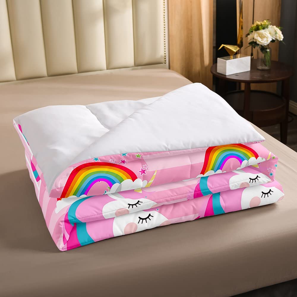 Xisnuient Copripiumino per Bambini Unicorno 2/3 Pezzi Set Biancheria da Letto in Poliestere Fiori Arcobaleno Farfalla Unicorno Pegasus Stampa Ragazza Set Copripiumini e Federa (Colore 4,135x200 cm
