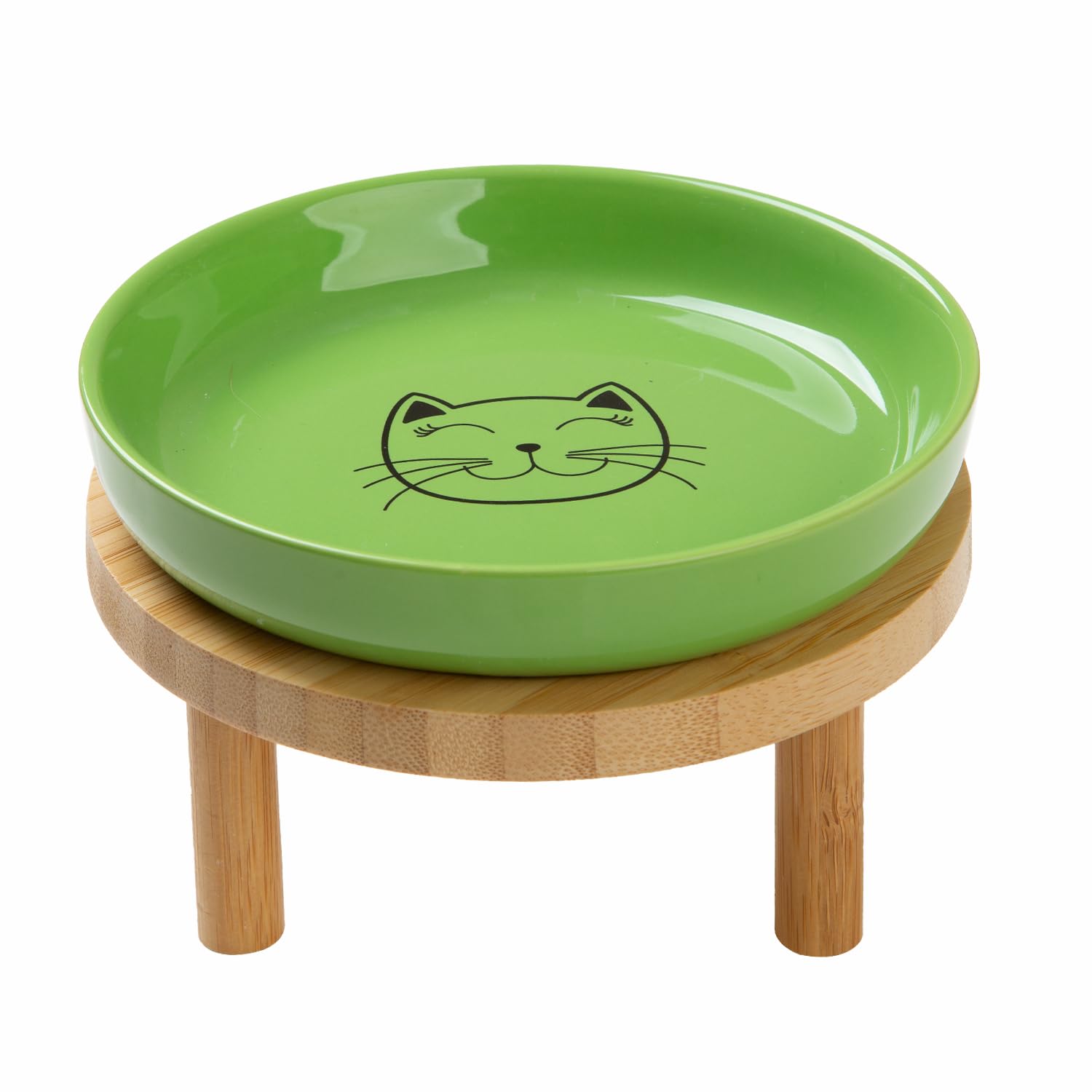 Lusifaco Shallow Elevated Cat Bowls,5.9 Inch Wide Raised Ceramic Cat Dishes with Bamboo Stand, Whisker Friendly Pet Water or Food Plates Feeding Station for Indoor Cats, Kitten(Green,Set of 1)