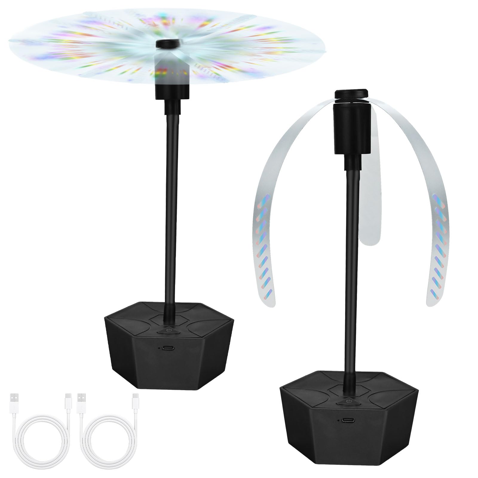 Rechargeable Fly Fans for Tables, USB Powered Fly Deterrent Fan with Type-C Charging Cable, 3 Soft Blades Table Fly Fan for Outdoor Picnic BBQ Camping, Holographic Reflective Patterns, 2 Pack