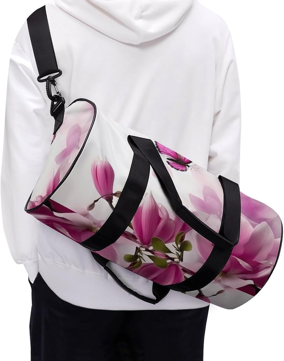 Magnolia Plant Flora Butterfly Print Gym Sport Bag Travel Duffel Bags Weekender Carry on Tote Bags for Women Men