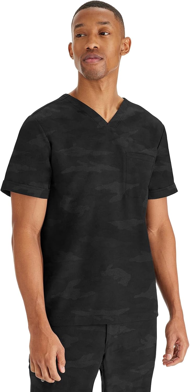 Healing Hands Scrubs for Men V-Neck Scrub Top Jack Camo with Chest Pocket, Moisture Wicking, 360° Stretch & Side Vents 2360