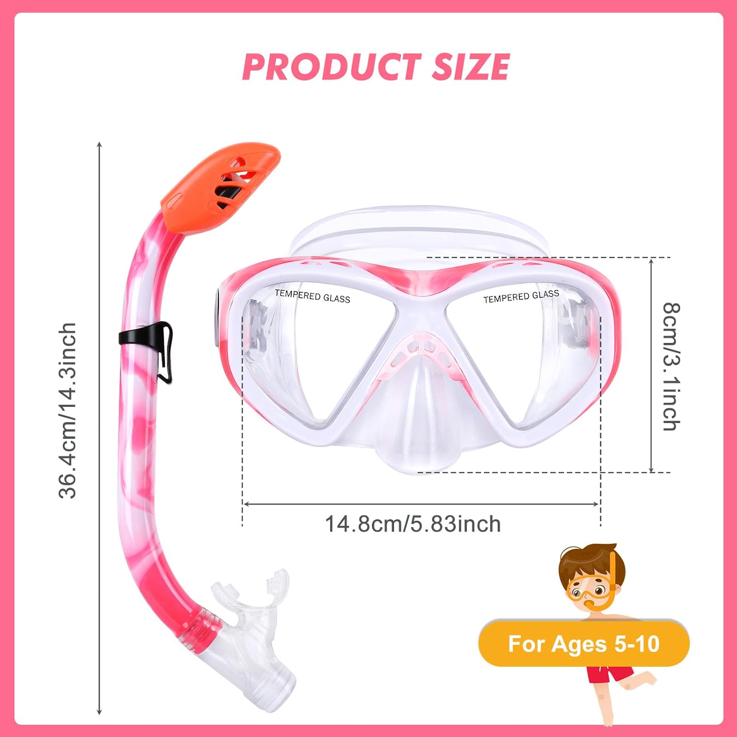 Kids Snorkel Set, Children Anti-Fog Diving Mask Swimming Goggles Dry Top Snorkel Equipment Snorkeling Packages Swimming Gear for Youth Boys Girls Age 5-10