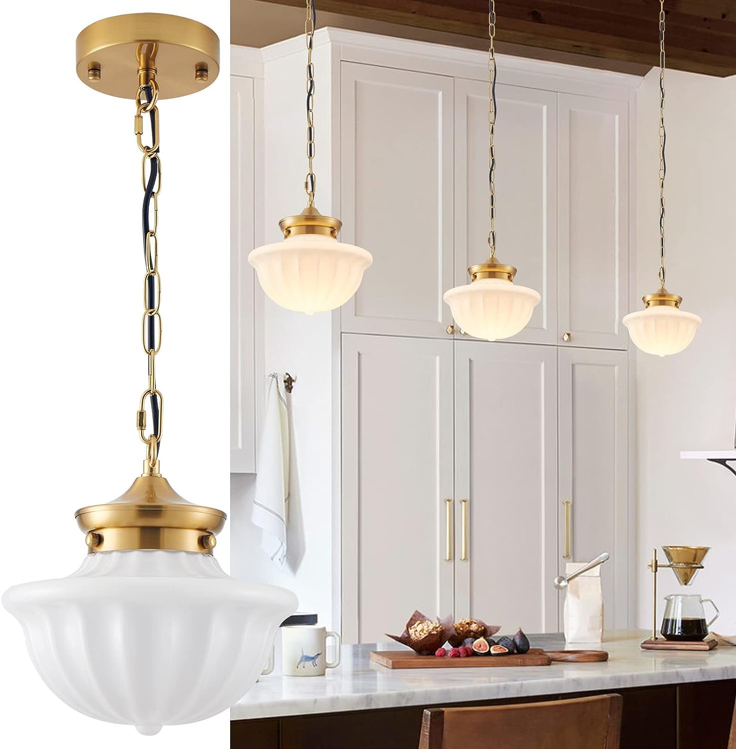 LEOSHI Light Fixture Modern Ceiling Light,Schoolhouse Semi Flush Mount Ceiling Light,Opal Milk Glass,Vintage Light for Farmhouse Bedroom,Bathroom,Hallway (Gold - Mushroom) Made in China
