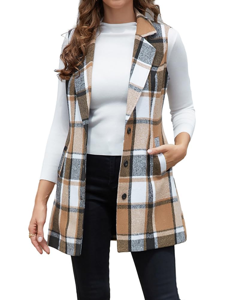 Trendy Mywinway Women's Plaid Long Sleeveless Blazer Vest/Wool Coat