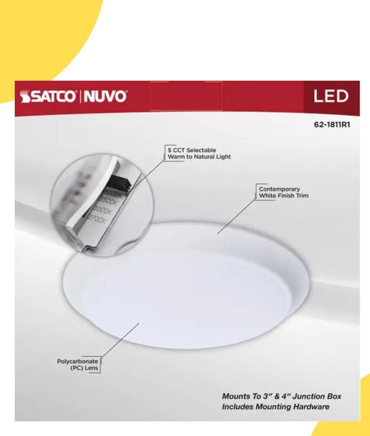 Satco 62-1811R1 10 Inch LED Disk Light, CCT Selectable 2700K-5000K, 1100 Lumens, 13.4W, Triac Dimmable, 90 CRI, Wet Rated, White Finish, 120 Volt, Energy Star JA8 (2 Pack)
