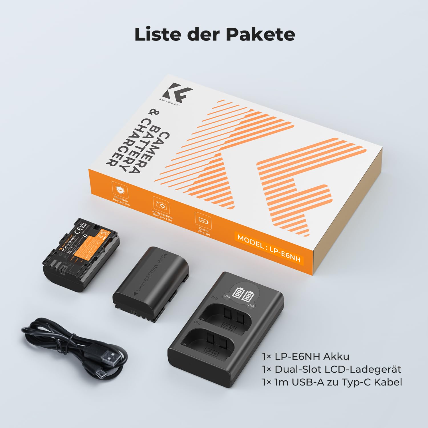 K&F CONCEPT LP-E6NH hohe Kapazität 2600mAh Zwei Akkus und EIN Ladegerät (2er Pack) und 2-Slot Ladegerät Akku-Kit,Kompatibel mit Canon EOS R7 R5 EOS R6 EOS R 5D II III IV 6D II 7D II 60D 70D 80D 90D