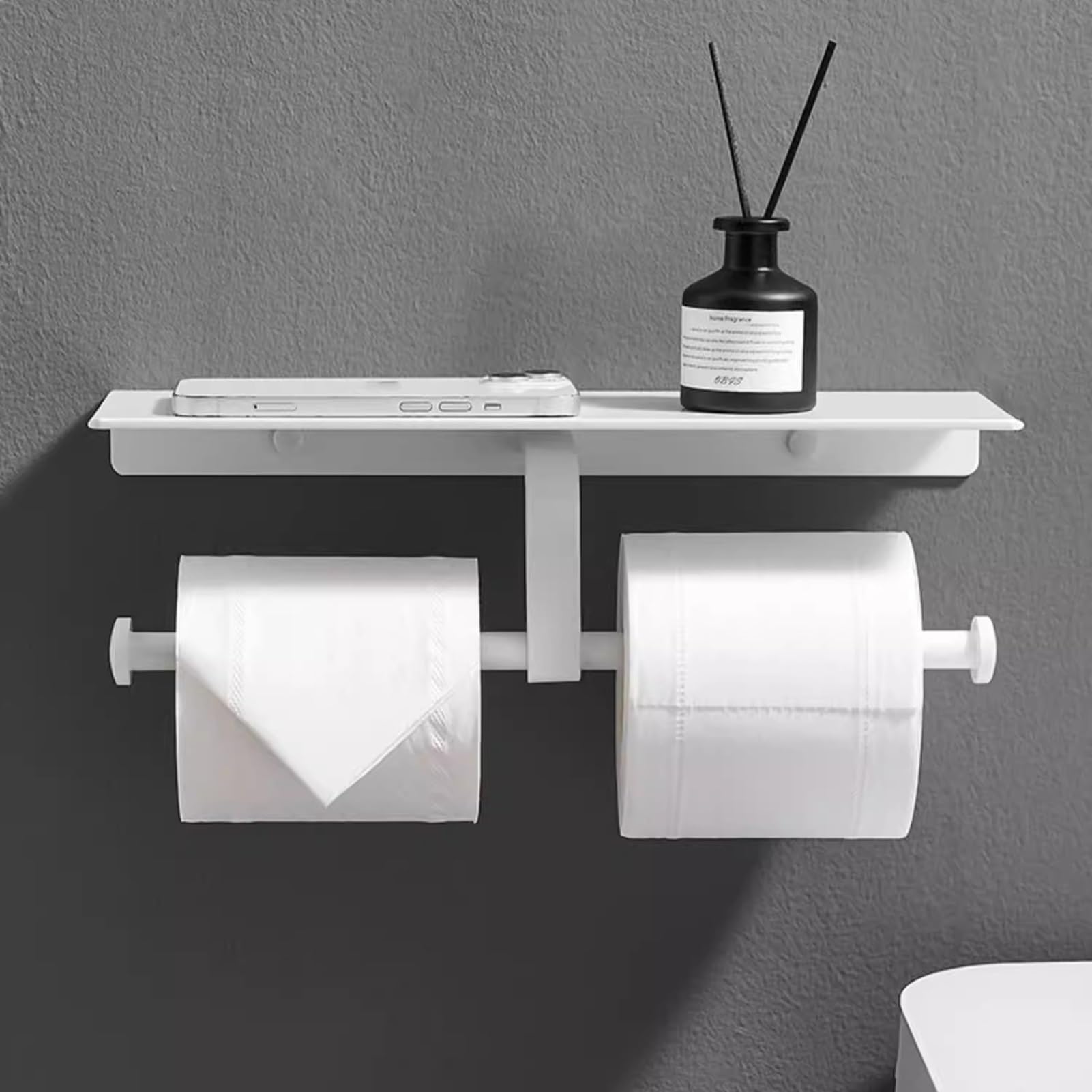 Uchwyt na papier toaletowy do łazienki, White Space Aluminiowy uchwyt ścienny na papier toaletowy z podwójną rolką i półką do łazienki