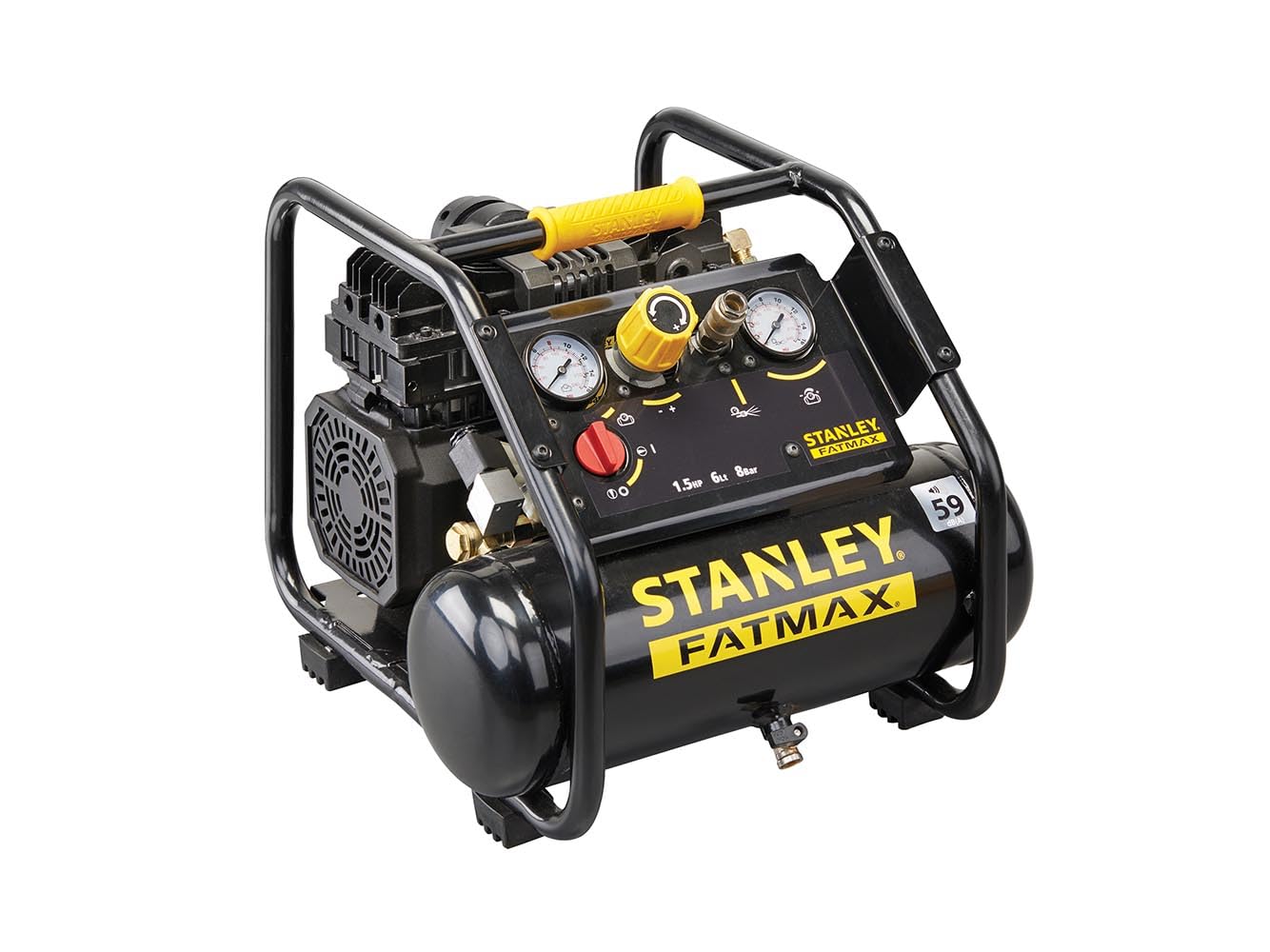 Stanley Fatmax Compresor, 6 litros, 8 bar, silencioso sin aceite, modelo horizontal, 1,5 cv, 160 l/min caudal de aire, portátil, negro amarillo, apto para inflado y herramientas neumáticas ligeras