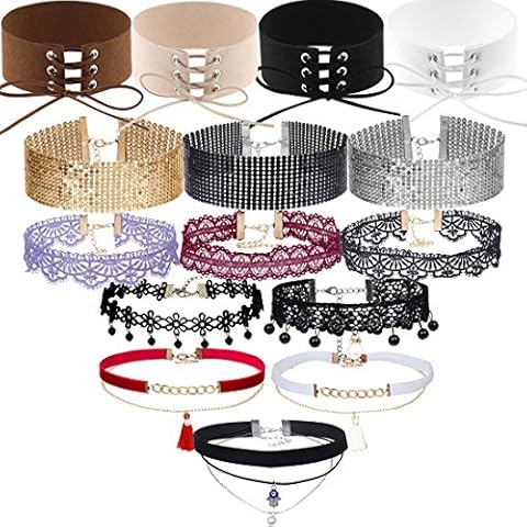 Tpocean 15 Pcs Chic Colorful Choker Necklace Harajuku Velvet Belt Tattoo Lace Rhinestone Collar with Pendant Birthday Gifts Cover
