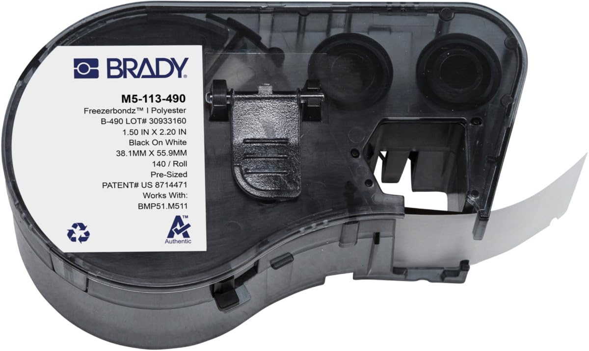 Brady FreezerBondz™ Polyester Pre-Sized Labels for Label Printer BMP51/BMP53/M511-140 Self Adhesive Printer Labels - Black on White (38,10 mm (W) x 55,88 mm (H)) - M5-113-490