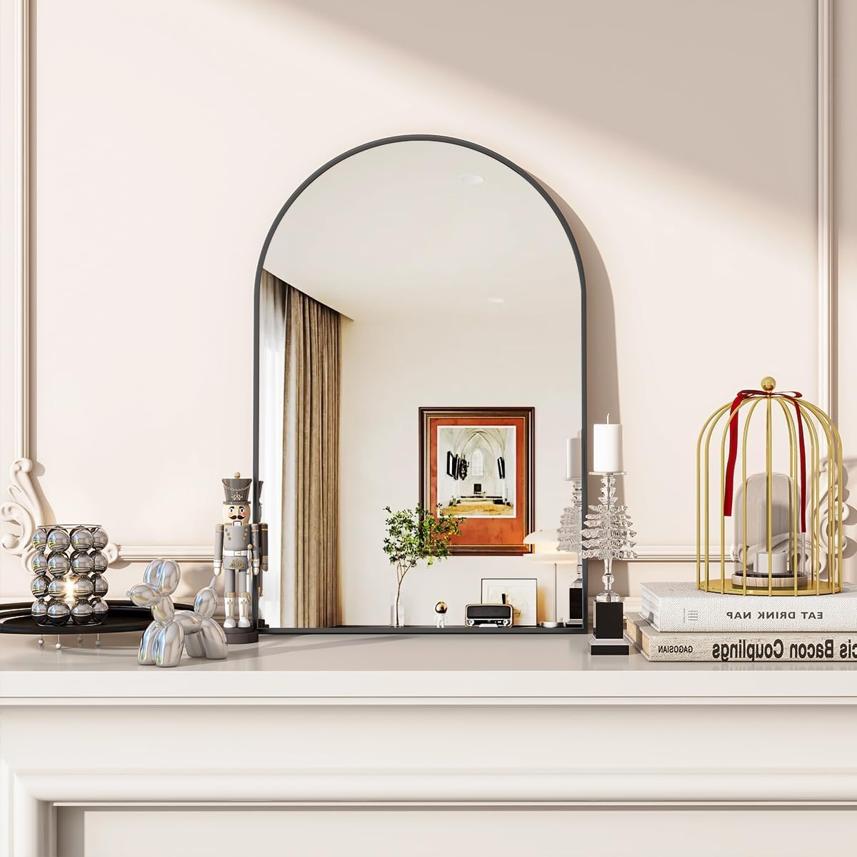 VooBang Miroir mural arqué, 40,6 x 61 cm, miroir de courtoisie mural avec cadre en métal arqué, miroir de courtoisie moderne pour chambre à coucher, salon, à suspendre ou pencher, noir