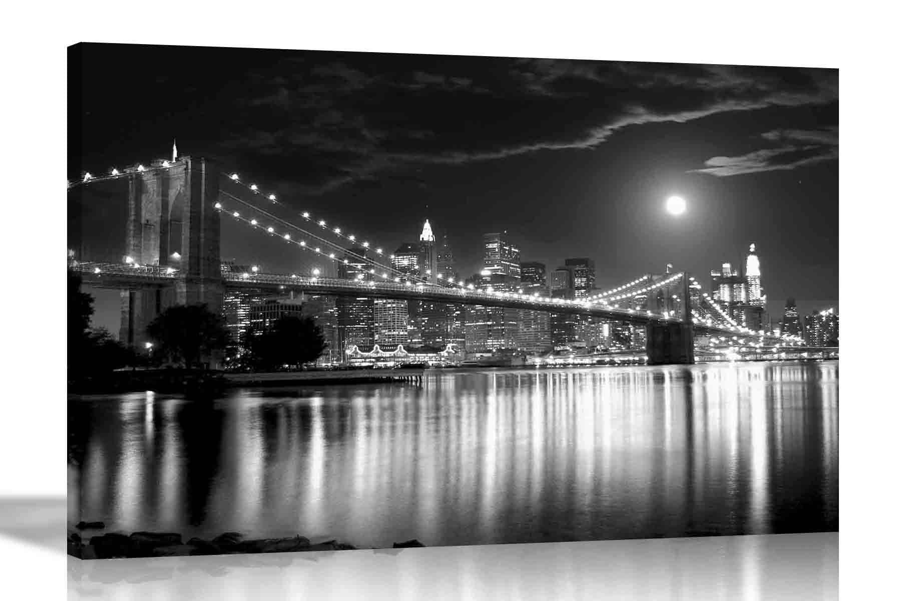 Artley Prints Black And White New York City Bridge Canvas Prints Home Decor Wall Art Pictures Office Bedroom Framed Cityscape Artwork Extra Large 101 X 76Cm (40 X 30 Inches)