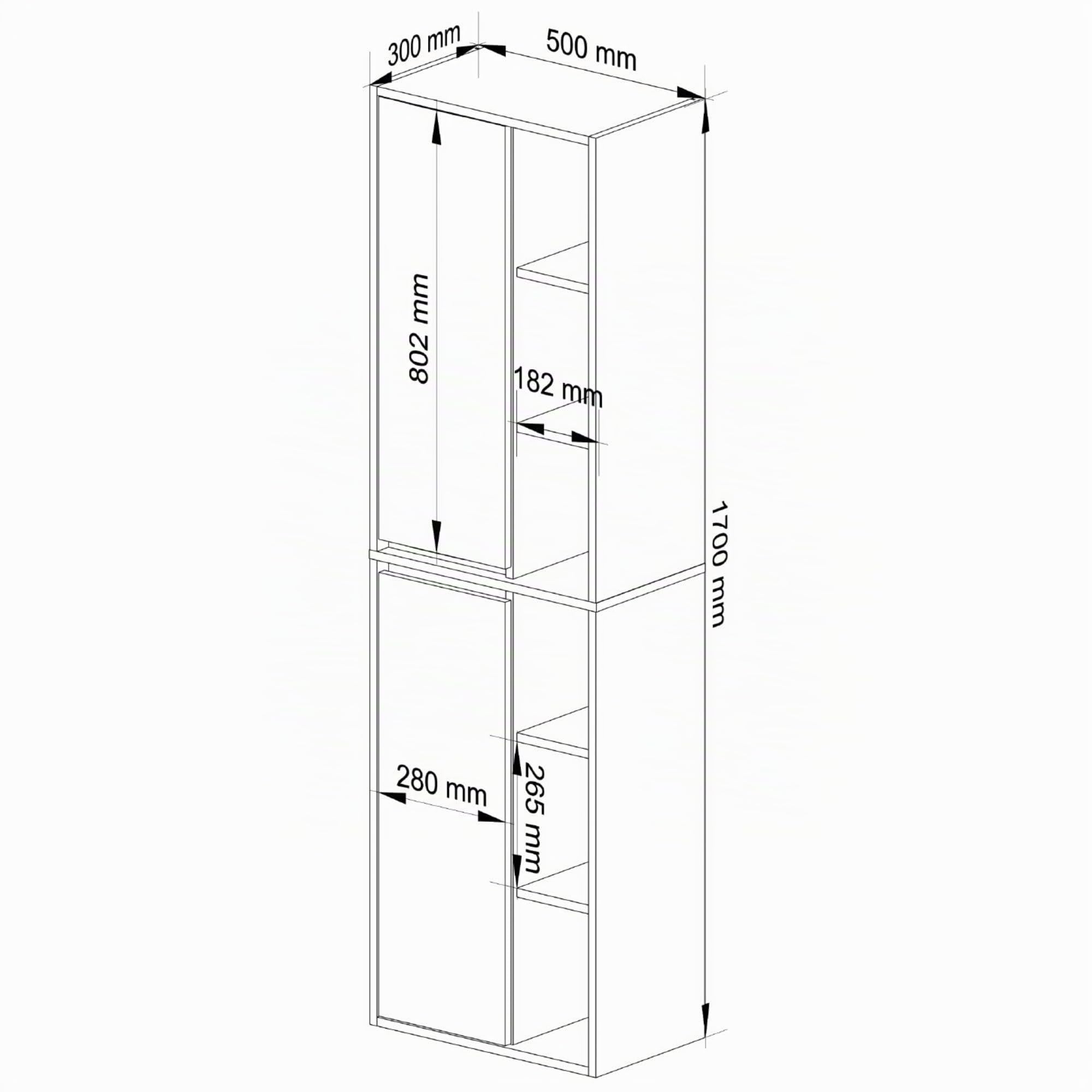 AKORD Armario Baño Columna VAMI W50-2 Puertas y 10 Estantes - Mueble de Baño Alto Montaje en Pared - Almacenaje Cosméticos, Toallas - Baños Modernos - 50x170x30 cm - Blanco & Roble Sonoma