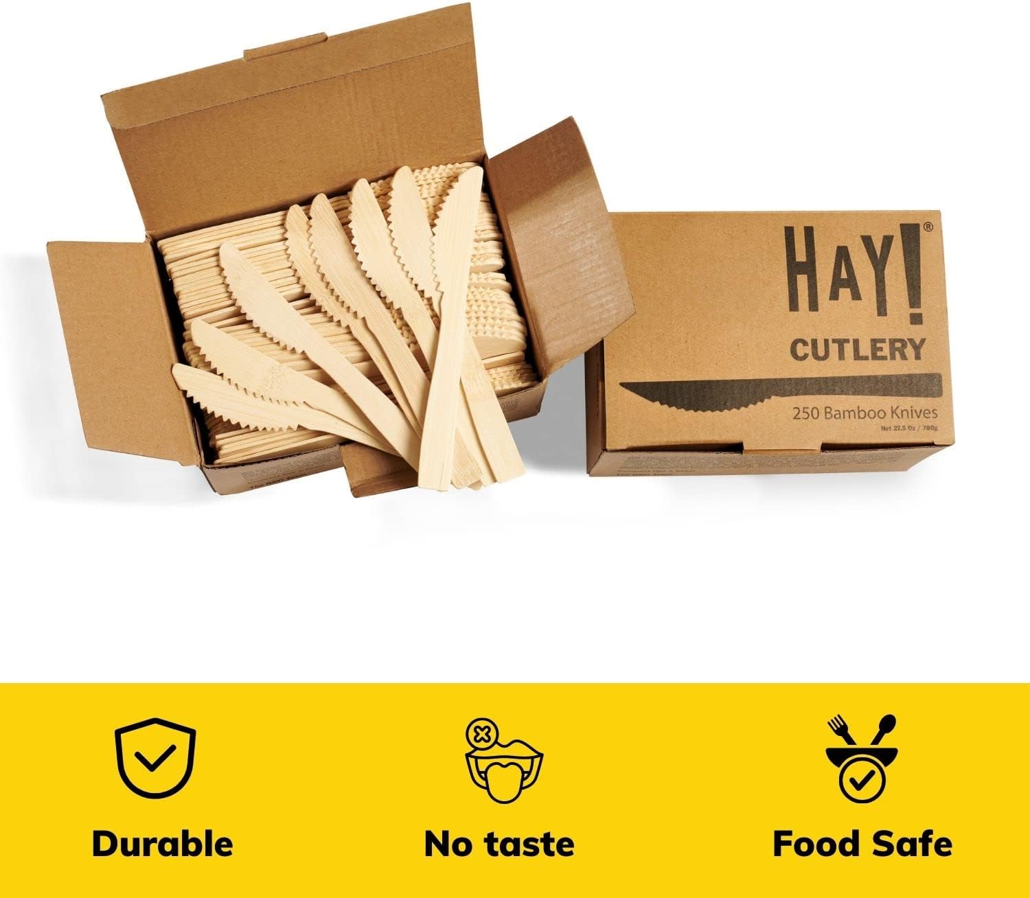 HAY! Bamboo Knives | 250 ct Unwrapped Knives | Biodegradable Utensils | Compostable & Plastic-Free | Heavy-duty Knife | For To-Go Meals or Events | Wooden Knife
