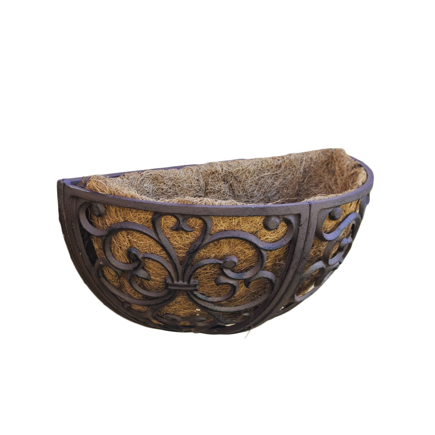Darthome Cast Iron Half-Round Hayrack Wall Planter, Coconut Fibre Liner, Classic Heart Scroll Design Pot, Brown, 34.5 x 17.5 x 18cm