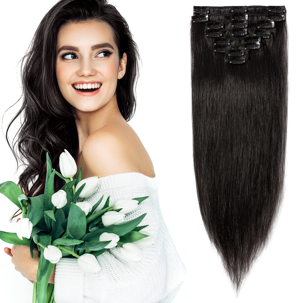 Elailite Clip in Human Hair Hair Extensions Real Natural Hair Remy, 8 Pcs (Thin Weft) Full Head Straight, #1B Natural Black