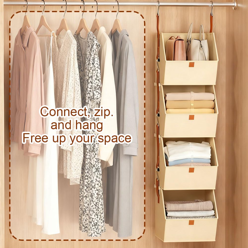 Organizador de Armario Colgante de 4 Niveles, Beige, Sistema de Almacenamiento Modular con 8 Ganchos, Estantería de Tela para Ropa y Accesorios, 26x31x120cm (Beige)