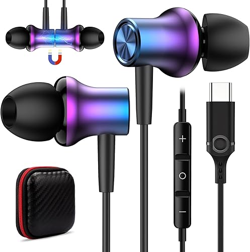 COOYA Auriculares USB C tipo C con cable para iPhone 15 Pro Max Galaxy S24 Ultra iPad 10 con aislamiento de ruido magnético + micrófono para Samsung
