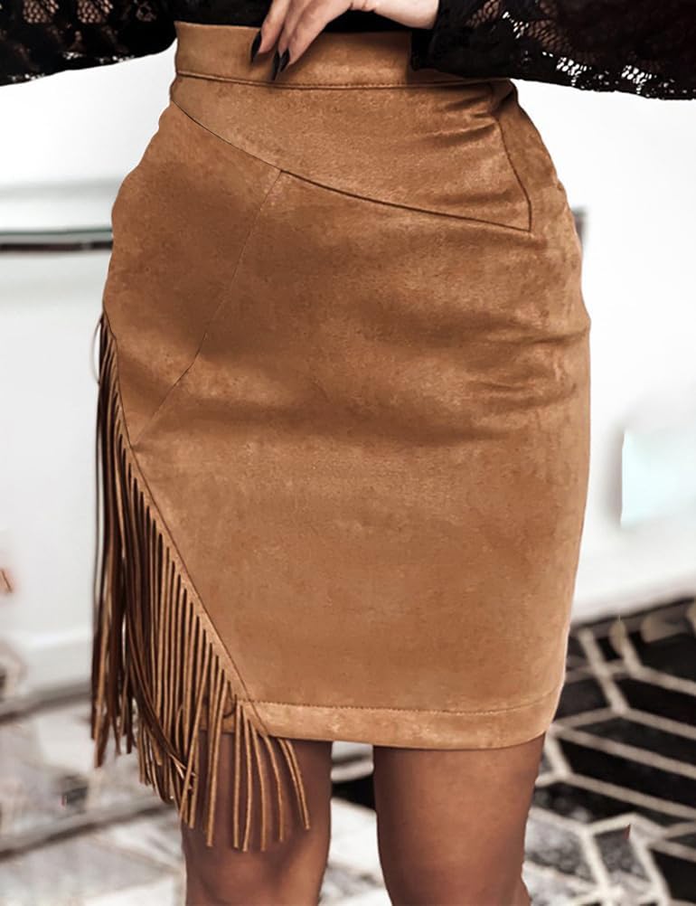 IDEALSANXUN Falda corta de gamuza con flecos para mujer, de cintura alta, para otoño e invierno, minifalda corta 2025