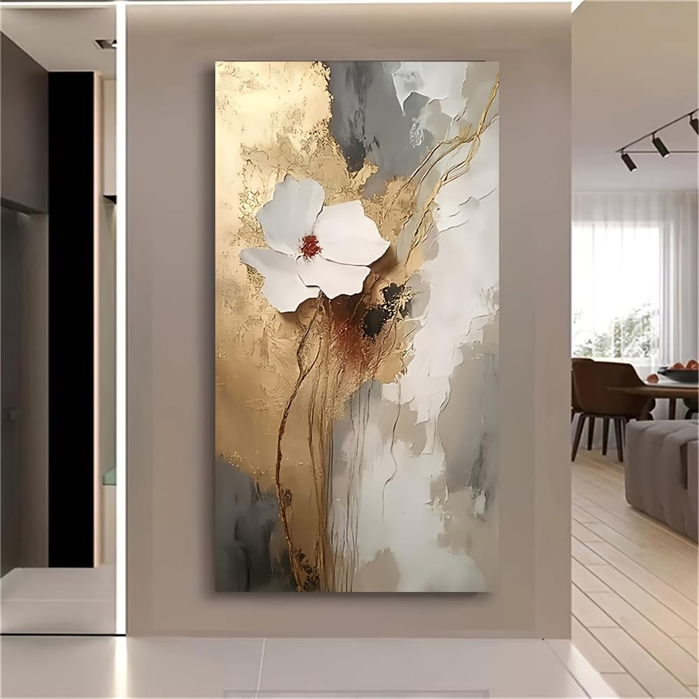 UUDEZO Oil Painting Art Floral Decorative Painting White Abstract Canvas Wall Art Perfect for Home Decor(20x40cm(8x16in)