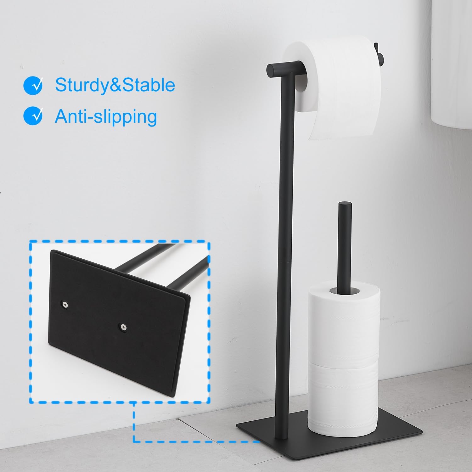 FFK Toilet Paper Holder Free Standing, 21.5" Bathroom Toilet Tissue Roll Holder Stand with Storage, SUS304 Stainless Steel Rustproof