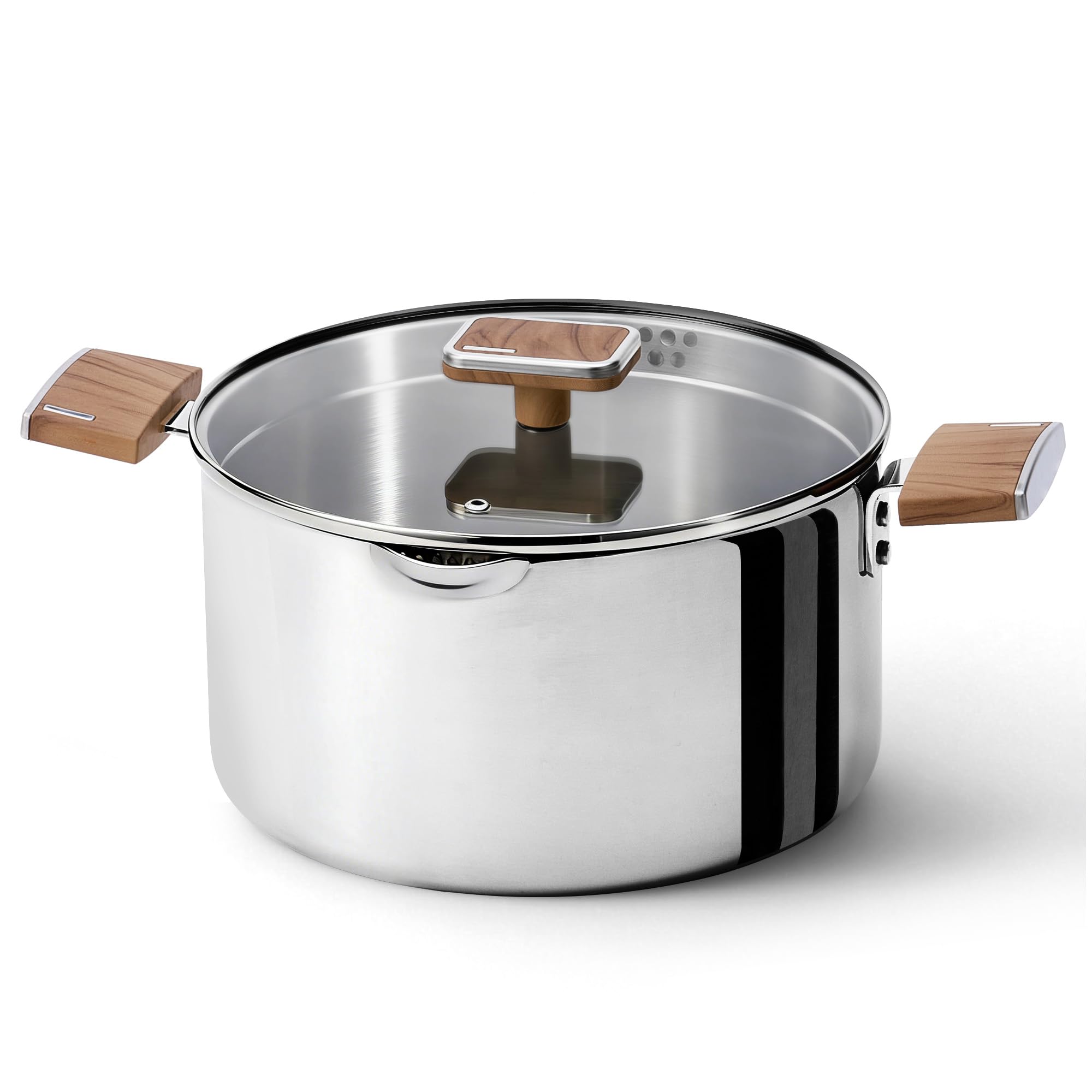 CAROTE 6QT Stainless Steel Stock Pot with Glass Lid, Large Soup Pot with Wood-Grain Handles, Deep Pot for Soup, Pasta &amp; Stew
