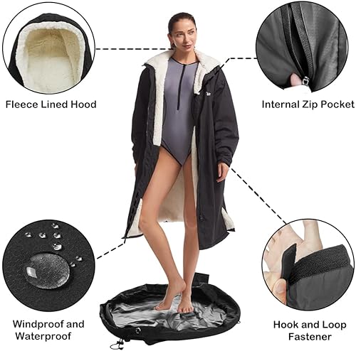 Miniatura 5 de Hiturbo Warm Waterproof Swim Parka: Oversized Hooded Changing Robe - Sherpa Liner Swimming Coat - Recycled Fabric Surf Poncho Black