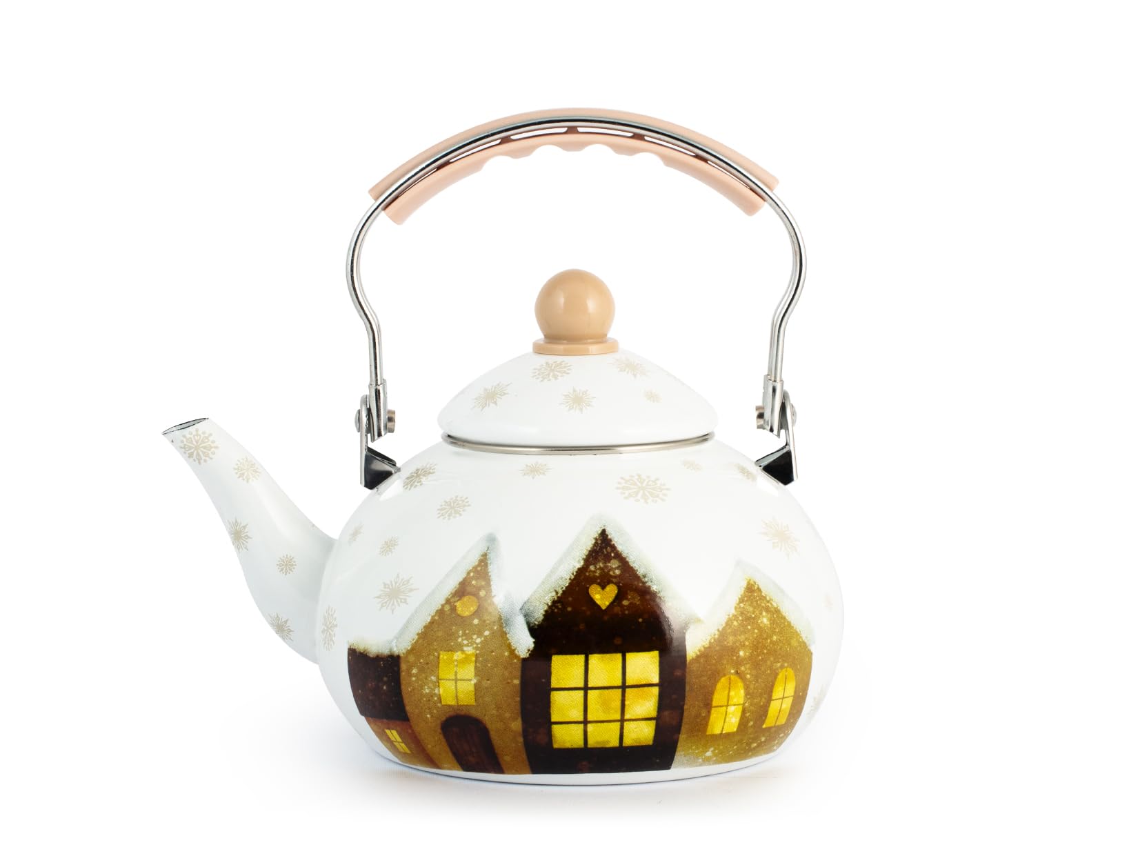 H&H Bollitore Smaltato 2,8 L con Decoro Casette Cozy, Adatto a Induzione, Perfetto per Casa in Montagna e Periodo Invernale-Natalizio, Ideale per servire Vin Brulè e Uso Professionale