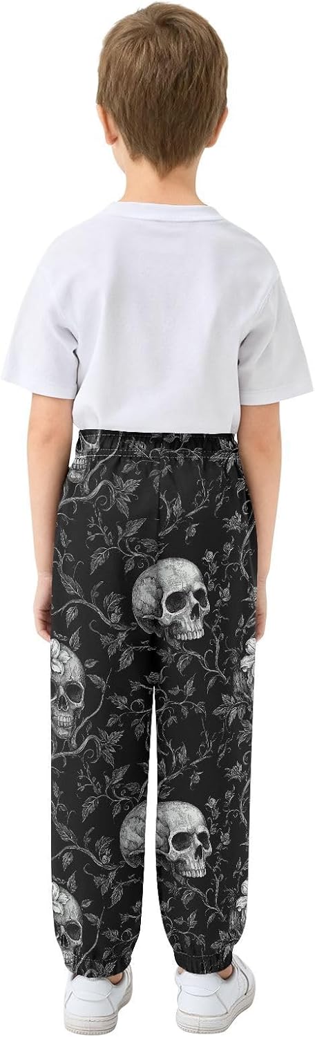 Boy Sweatpants Gothic Style Flowers Skull Head Joggers Casual Athletic Pants Kids Elastic Waist Cuffed with Pockets