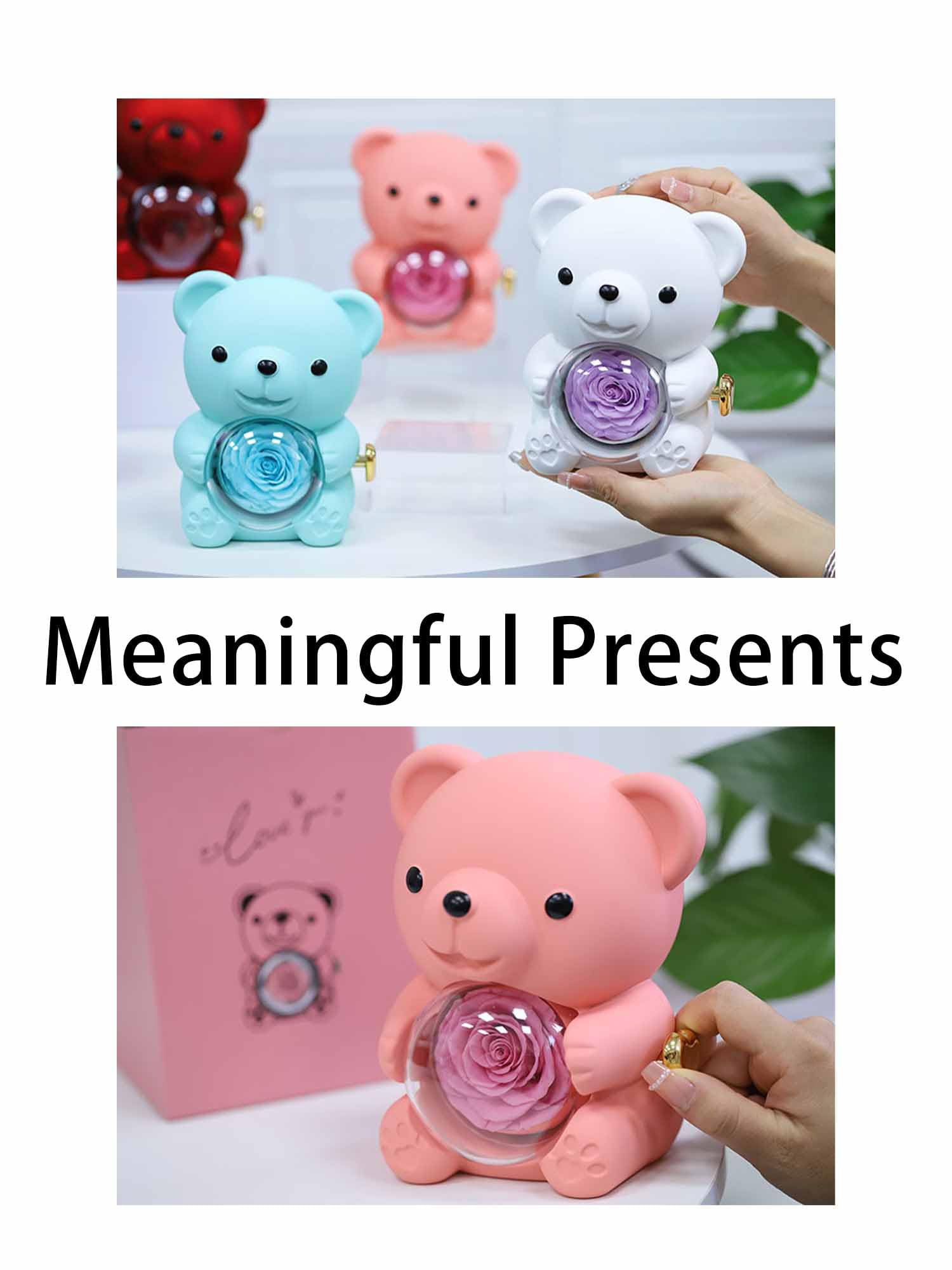 Regalo de oso de abrazo de rosas preservadas para mujeres con collar de corazón, rosas eternas, regalos para esposa, mamá, abuela, novia, Navidad, día de San Valentín, cumpleaños (rojo, plata S925)