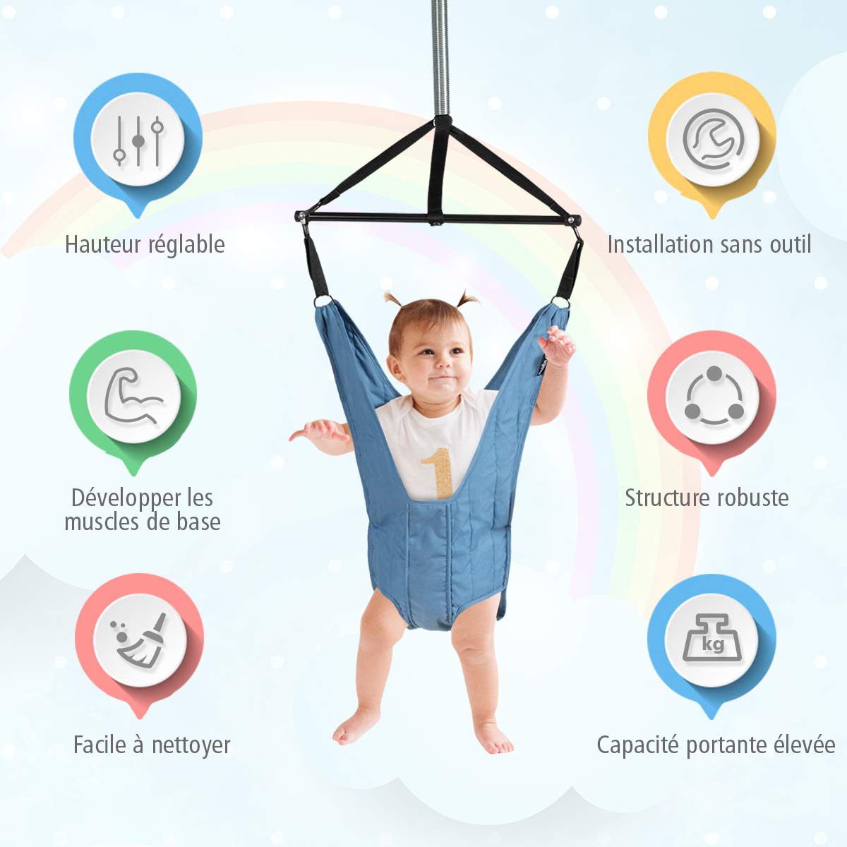 COSTWAY Siège Sauteur Suspendu Bébés de 6-12Mois avec Chaîne Réglable 29-93CM, Siège en Tissu TC avec Tube en Fer Charge Max. 12KG Bleu