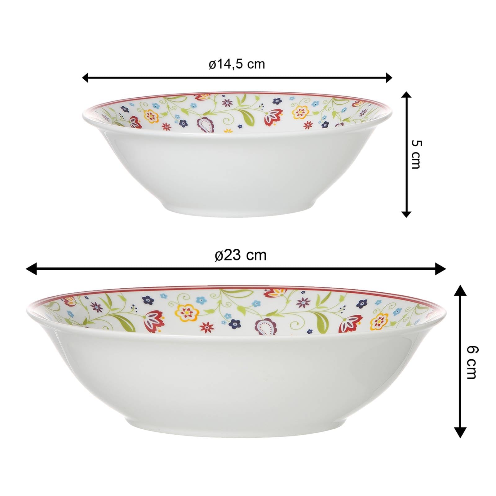 Ritzenhoff & Breker Shanti Salatschalen-Set 7-teilig, Große Salatschüssel ø 23 cm und kleine Salatschälchen ø 14,5 cm mit Blümchen Dekor, Salat-Servier-Set für 6 Personen