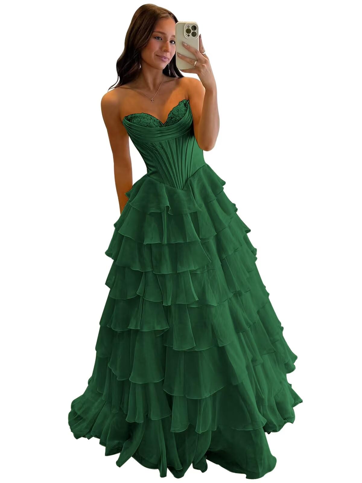 Strapless Corset Prom Dresses for Women 2025 Long Tiered Ruffle Chiffon Formal Evening Gowns with Slit