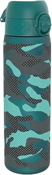 Ion8 Water Bottle, 500ml/18oz, Slim Leak Proof & BPA-Free Drinking Bottle, Secure Lock Prevents Spills, Dishwasher Safe, Carry Handle, Ideal for Adults & Kids - Travel, Gym & School, Aqua, Camo